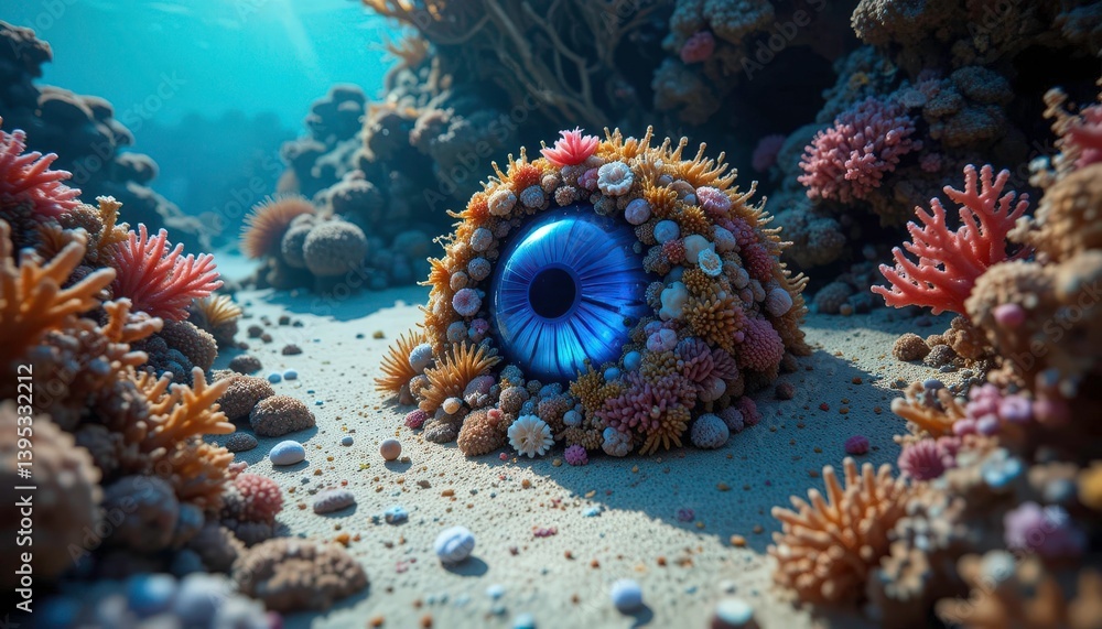 Obraz premium Underwater Gaze A Sapphire Eye Encrusted with Sea Life, Resting Among Coral Reefs on the Ocean Floor in Bright Sunlight