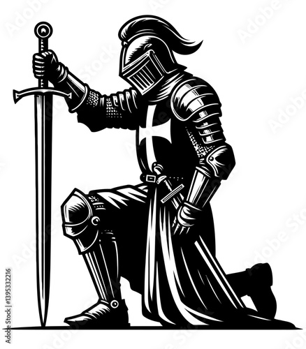 Silhouette medieval knight warrior in an a respectful salute pose 1.ai