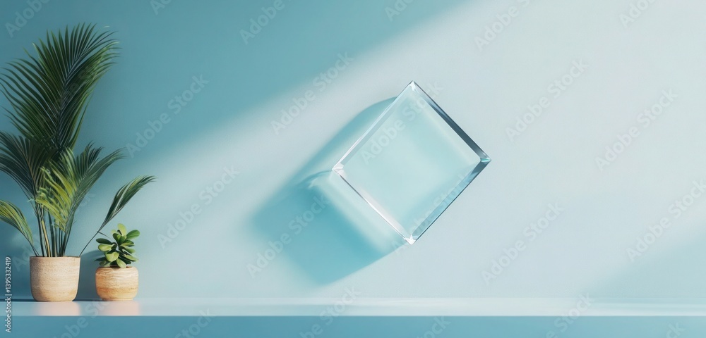 A frameless diamond-shaped glass with soft, frosted corners, floating mid-level on a powder blue wall, offering a clean, airy look.