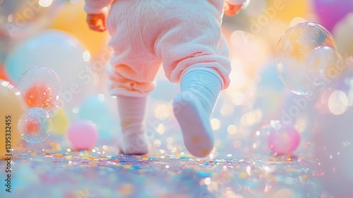 Tiny feet stepping through confetti and bubbles in a pastel dreamscape.