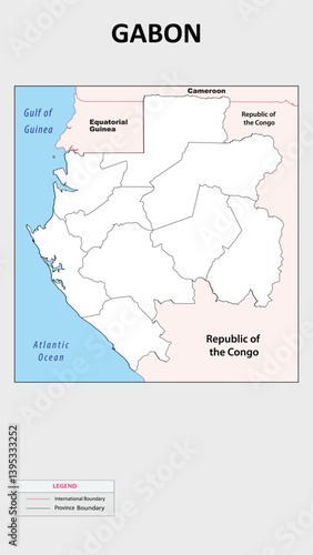 Gabon map. Political map of Gabon with Country border in outline. Political map of Gabon with outline and neighbouring countries.