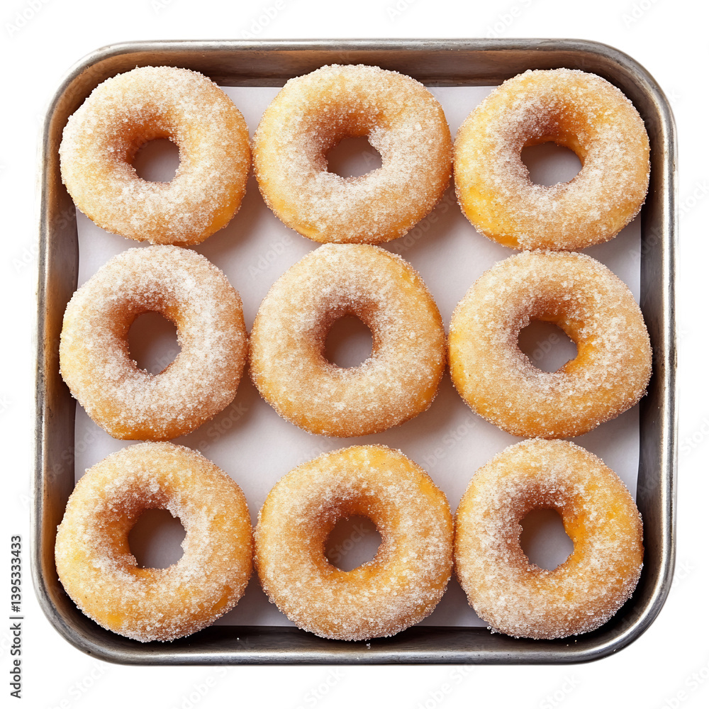 A Tray of Cinnamon Sugar Donuts with Golden Crust Isolated on Transparent Background A Tray of Cinnamon Sugar Donuts with Golden Crust Isolated on Transparent Background