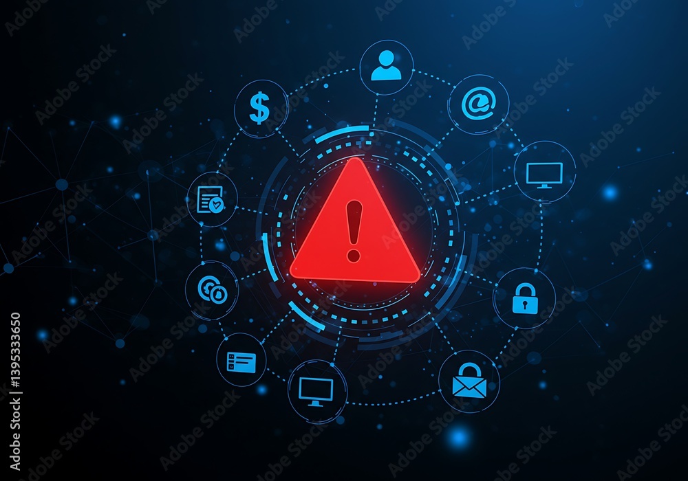 Cybersecurity Warning: Red Alert Symbol Surrounded by Digital Icons