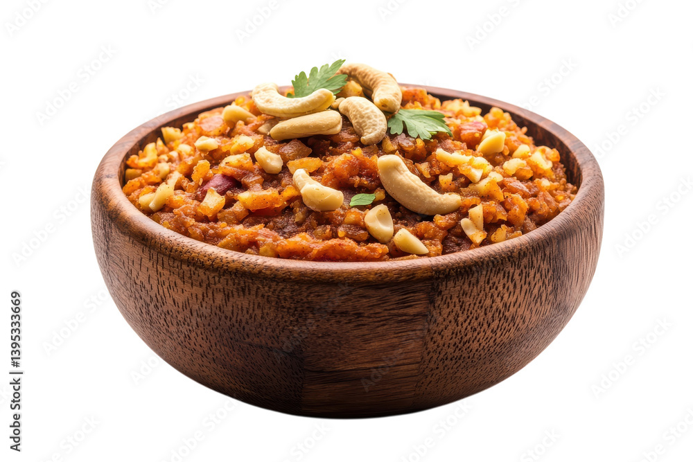 Fototapeta premium Aromatic Indian Halwa in Wooden Bowl Cashews Peanuts Rich Warm Colors Dark Background