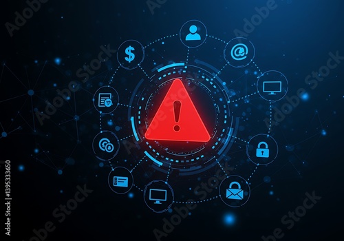 Cybersecurity Warning: Red Alert Symbol Surrounded by Digital Icons