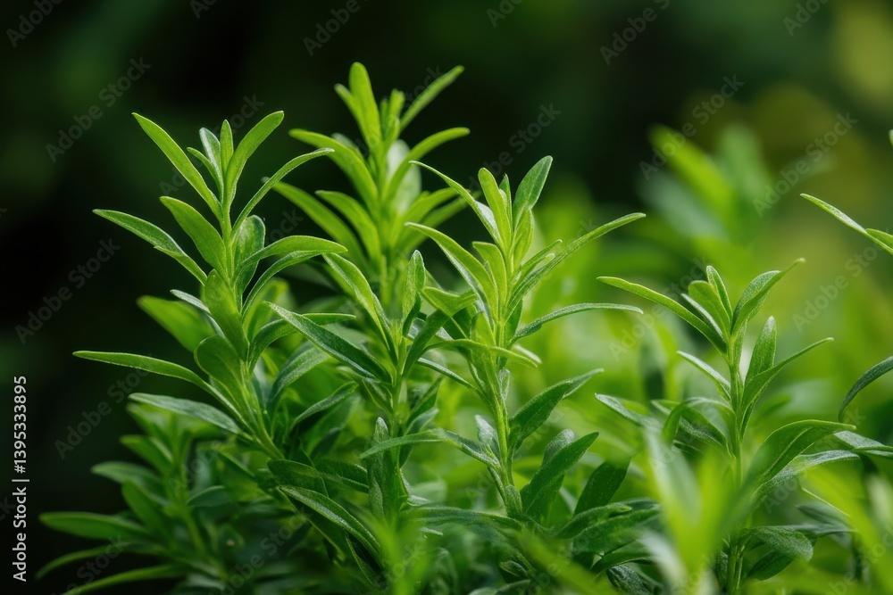 Fresh green herbs growing in lush garden setting under soft sunlight in spring season Fresh green herbs growing in lush garden setting under soft sunlight in spring season