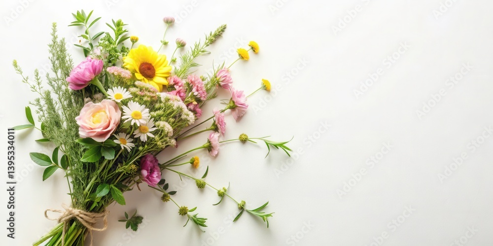 A delightful springtime bouquet of assorted wildflowers, elegantly tied with twine, arranged on a pristine white background A delightful springtime bouquet of assorted wildflowers, elegantly tied with twine, arranged on a pristine white background