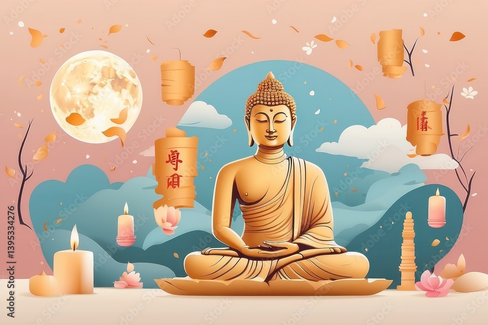 Flat vector illustration of Vesak Day celebration