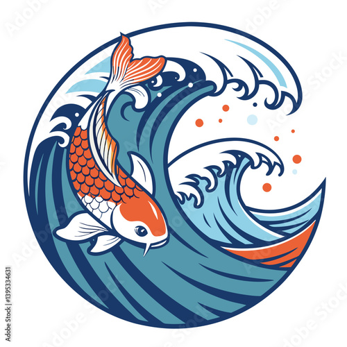 Create a vector illustration of a bold, stylized wave circle incorporating a koi fish.  Emphasize strong lines and vibrant colors.