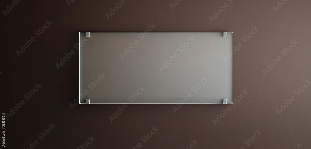 A frameless glass rectangle with frosted edges, floating in the center of a chocolate-brown wall, creating a refined modern look.