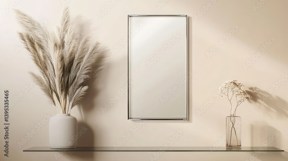 A frameless glass photo frame in a rectangular shape, lightly floating on a light, muted wall, with an understated elegance that highlights its simplicity.