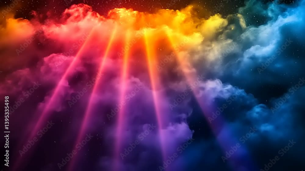 Vibrant Colorful Rays of Light Breaking Through Clouds in Abstract Fantasy Scene Vibrant Colorful Rays of Light Breaking Through Clouds in Abstract Fantasy Scene