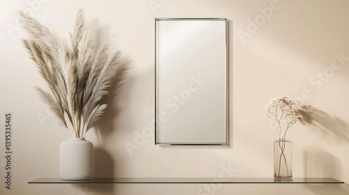 Obraz na płótnie A frameless glass photo frame in a rectangular shape, lightly floating on a light, muted wall, with an understated elegance that highlights its simplicity. w salonie