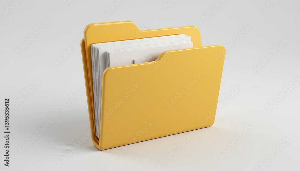 Yellow 3D Rendered Folder Icon With White Documents On White Background Yellow 3D Rendered Folder Icon With White Documents On White Background