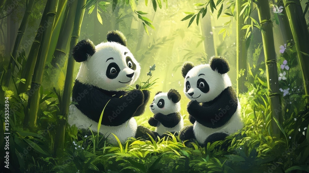 adorable panda family in bamboo forest adorable panda family in bamboo forest