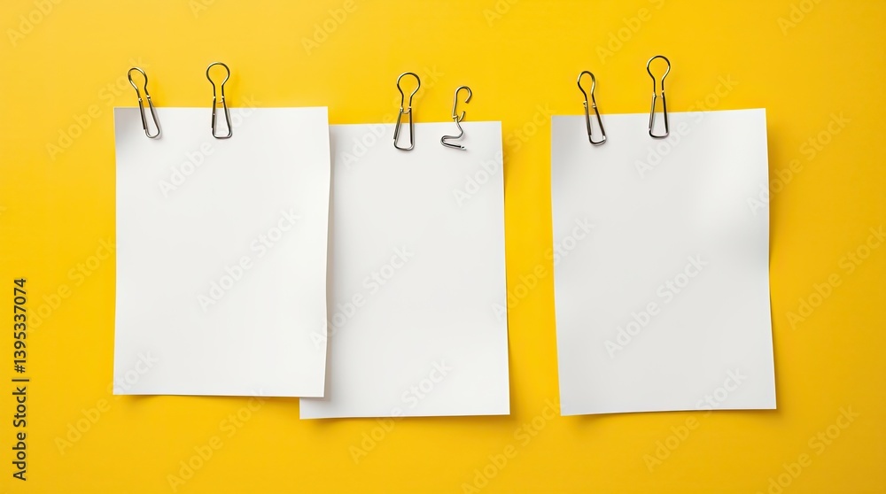 Three white blank paper sheets held by metal binder clips Three white blank paper sheets held by metal binder clips