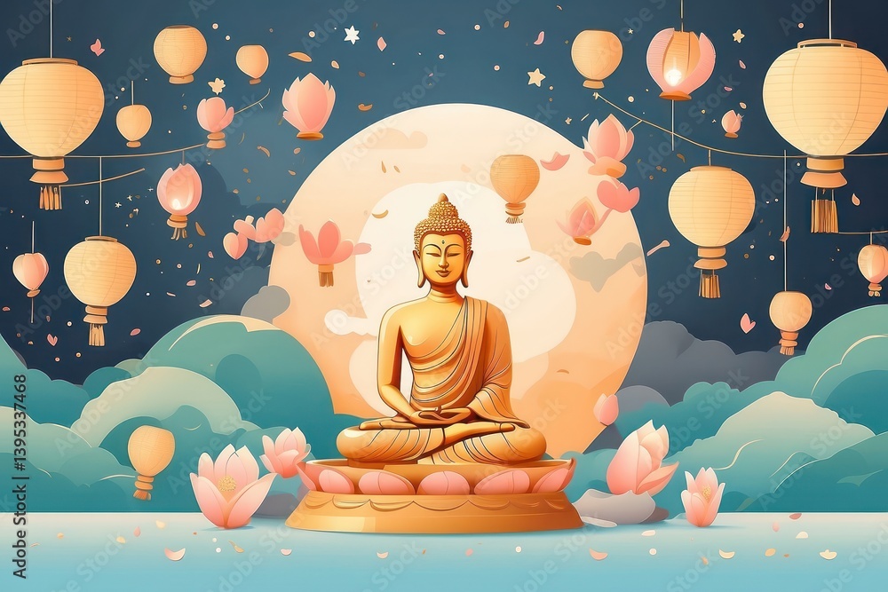 Flat vector illustration of Vesak Day celebration