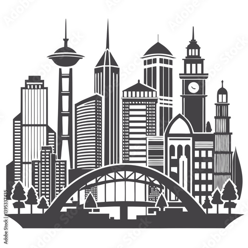 Silhouette of a Modern Cityscape with Bridges