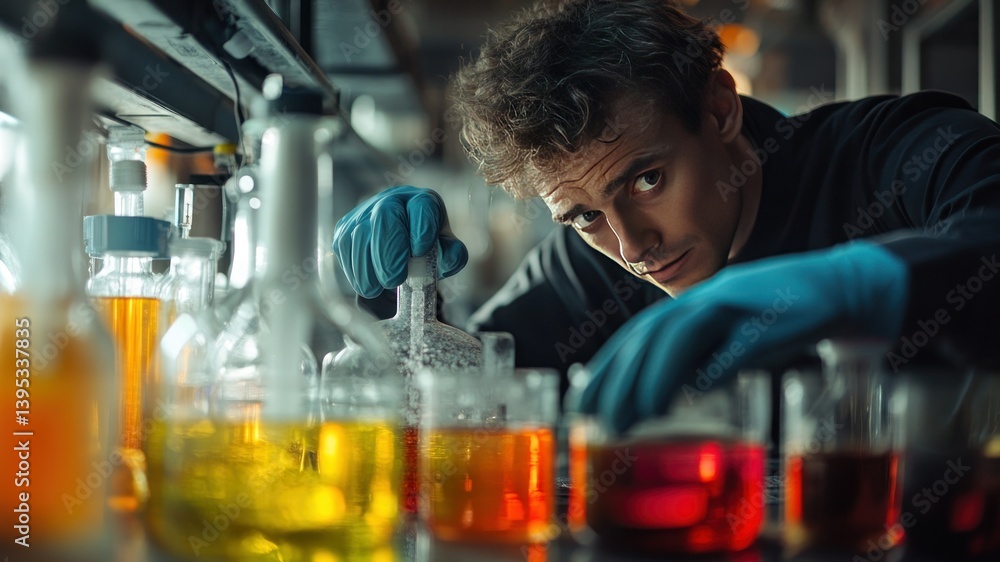 A scientist working in a lab with beakers and colorful liquids. A scientist working in a lab with beakers and colorful liquids.