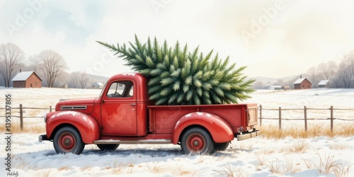  Nostalgic Christmas Watercolor Red Truck with Tree, Snowy Landscape, Warm Glow, Rustic Farm Setting