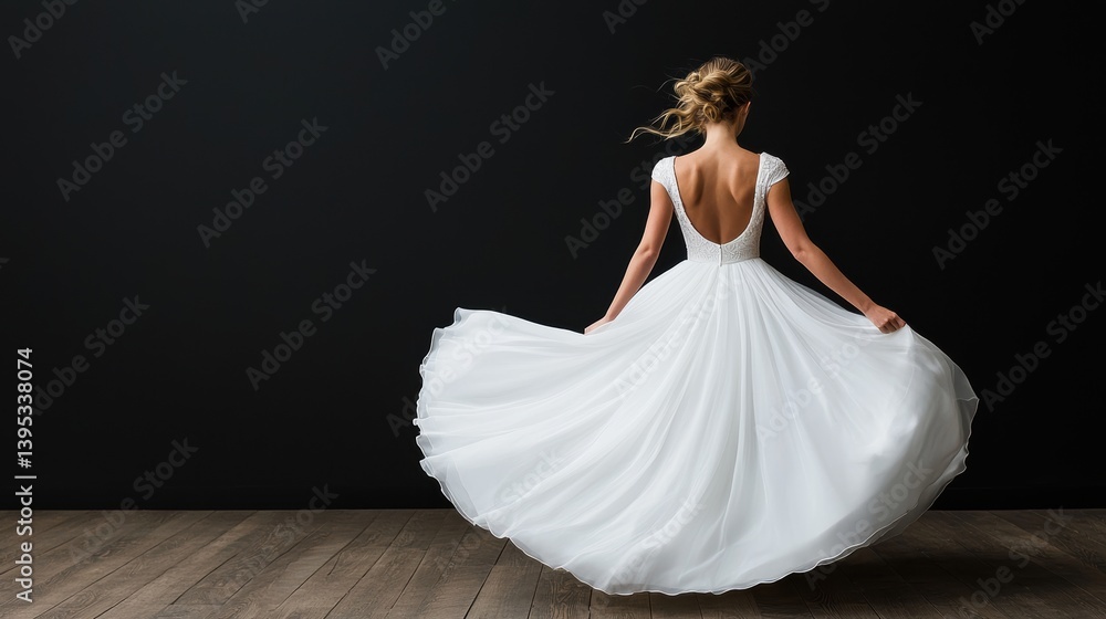 Fototapeta premium Fashion editorial concept. A model gracefully spinning in a flowing white dress