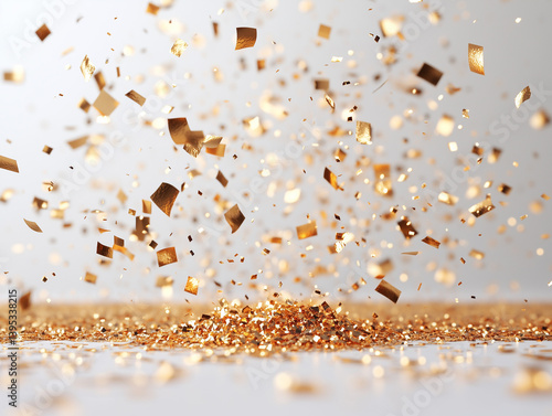 Close-up of gold ribbon falling from the sky, white background.