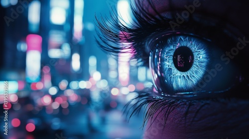 An eye reflecting a vibrant urban nightscape, capturing the vibrant pulse of the city and the allure of nocturnal adventure.