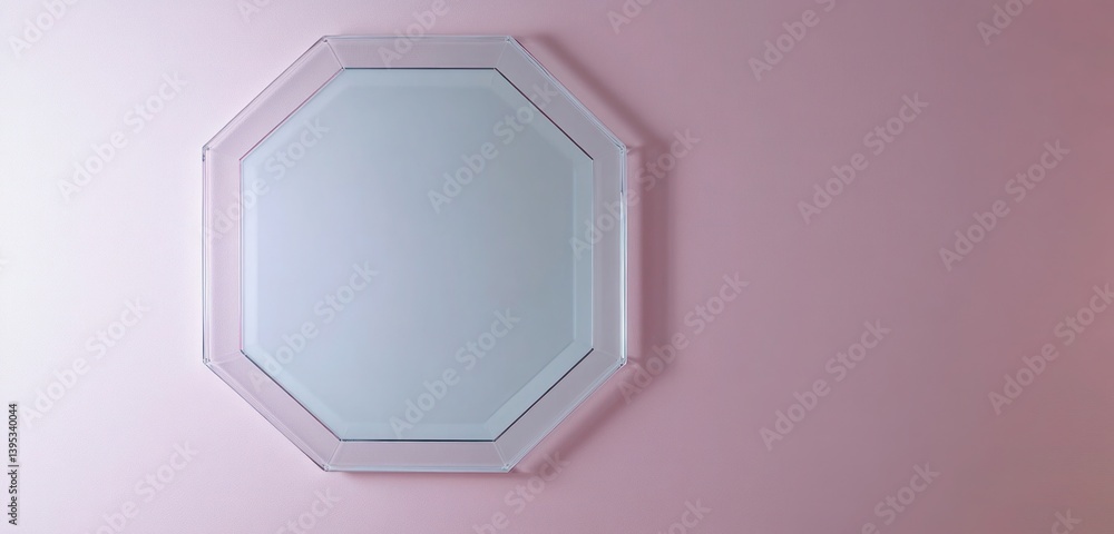 A frameless octagonal glass, with frosted edges, hanging asymmetrically on a blush pink wall, adding a soft and airy appeal.