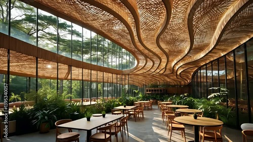 Modern eco-friendly restaurant interior with curved wooden ceiling design, large glass windows, natural light, green plants, and minimalist wooden tables and chairs

