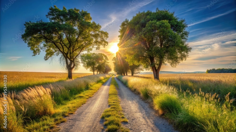 Sunlit Country Road Through Golden Fields and Lush Green Trees at Sunset Sunlit Country Road Through Golden Fields and Lush Green Trees at Sunset