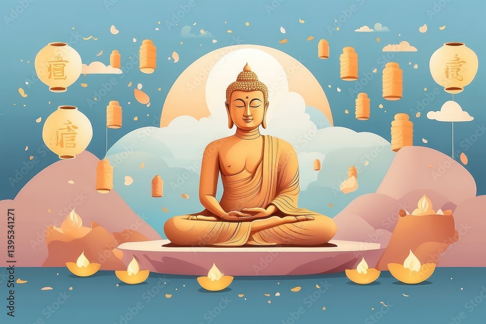 Flat vector illustration of Vesak Day celebration