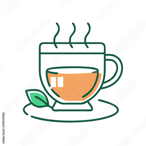 Minimalist icon of a steaming tea cup with a leaf  