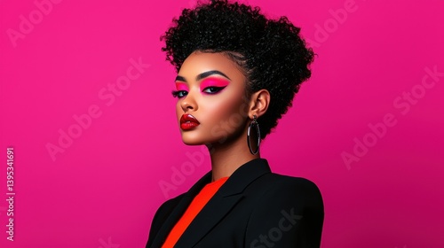 Fashion editorial concept. Retro inspired editorial shoot with vibrant fashion and bold makeup