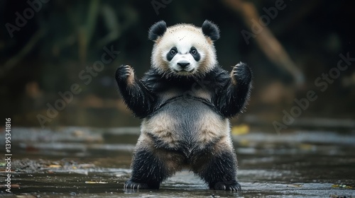 adorable panda cub standing on its hind legs in water