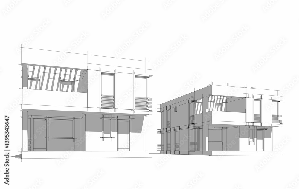 Modern Architectural Wireframe Sketch – Blueprint of Contemporary Building 3d rendering Modern Architectural Wireframe Sketch – Blueprint of Contemporary Building 3d rendering