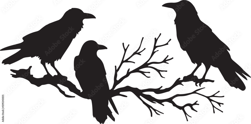 Fototapeta premium flock of raven bird sitting on tree branch silhouette vector art illustration