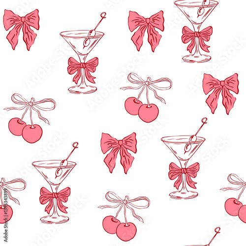 Coquette cocktails with cherry seamless pattern. Hand drawn martini glass with bow and cherry. Vector background for invitations, menus and parties. La dolce vita italian style. Minimalist line art