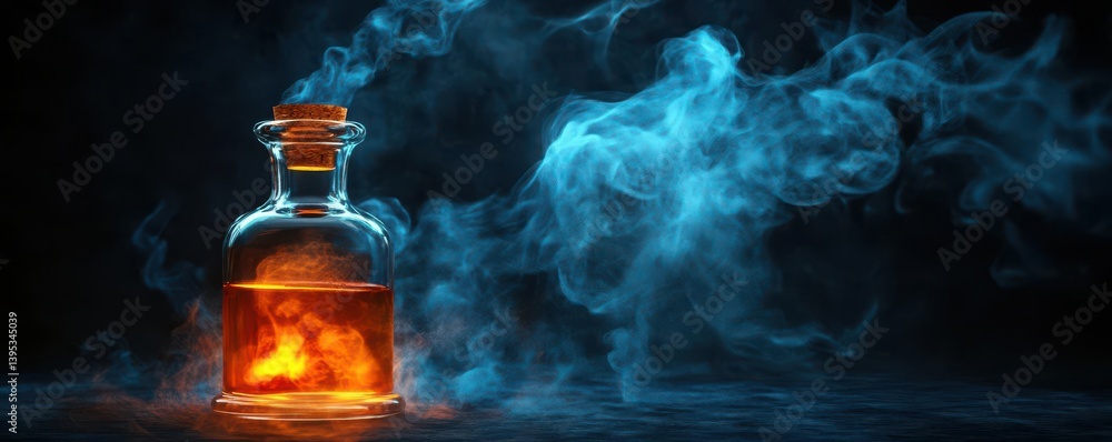 smoke curling from a magic potion bottle flat design top view fantasy theme 3D render Complementary Color Scheme smoke curling from a magic potion bottle flat design top view fantasy theme 3D render Complementary Color Scheme