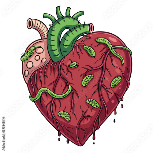 Design a vector illustration of a crawling zombie heart, featuring bold, thick strokes and a grunge texture.  Emphasis on dark, visceral details.