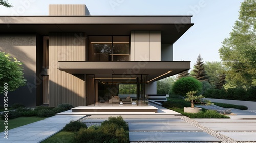 Modern Brown House With Expansive Glass Walls and and stone pathways.