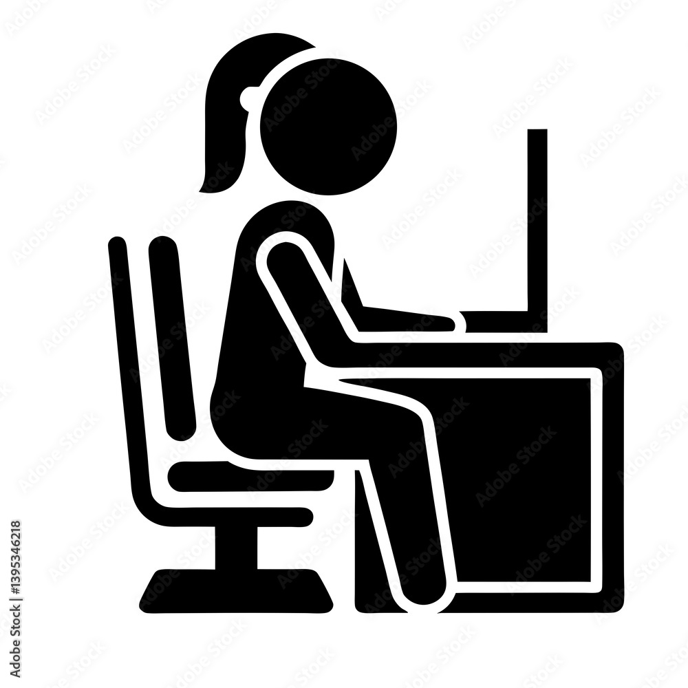 Woman Working At Computer Desk Icon Vector Illustration Black And White Woman Working At Computer Desk Icon Vector Illustration Black And White
