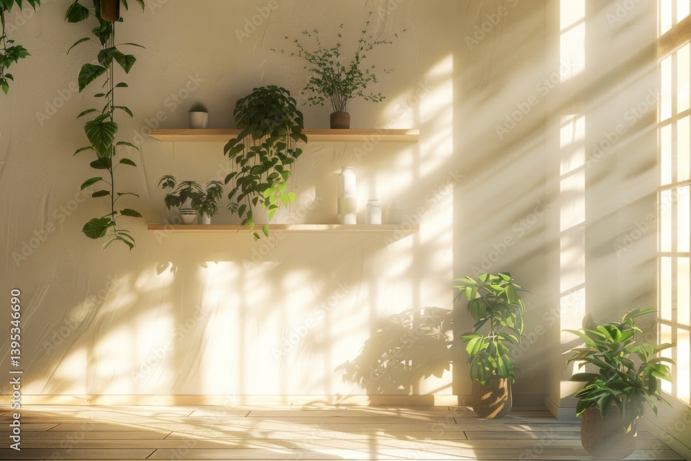 sunlit minimalistic interior with potted plants and shelves natural sunlight sunlit minimalistic interior with potted plants and shelves natural sunlight