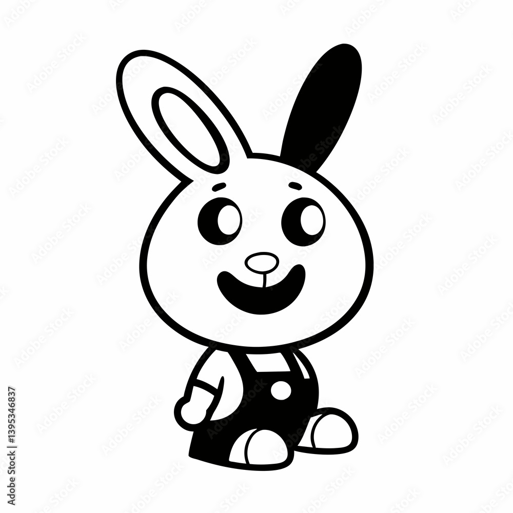 Cute Cartoon Bunny Character In Overalls Black And White Vector Illustration Cute Cartoon Bunny Character In Overalls Black And White Vector Illustration
