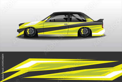 Stylized racing car illustration with dynamic yellow graphics on a sleek black background