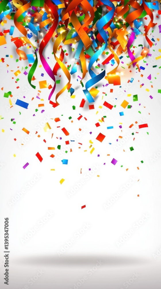 Fototapeta premium Colorful streamers and confetti cascade from above, creating a festive atmosphere perfect for celebrations and parties.