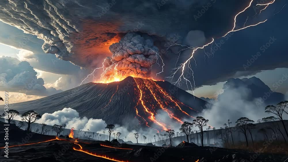 Dramatic volcanic eruption with flowing lava, thick ash clouds, and ...