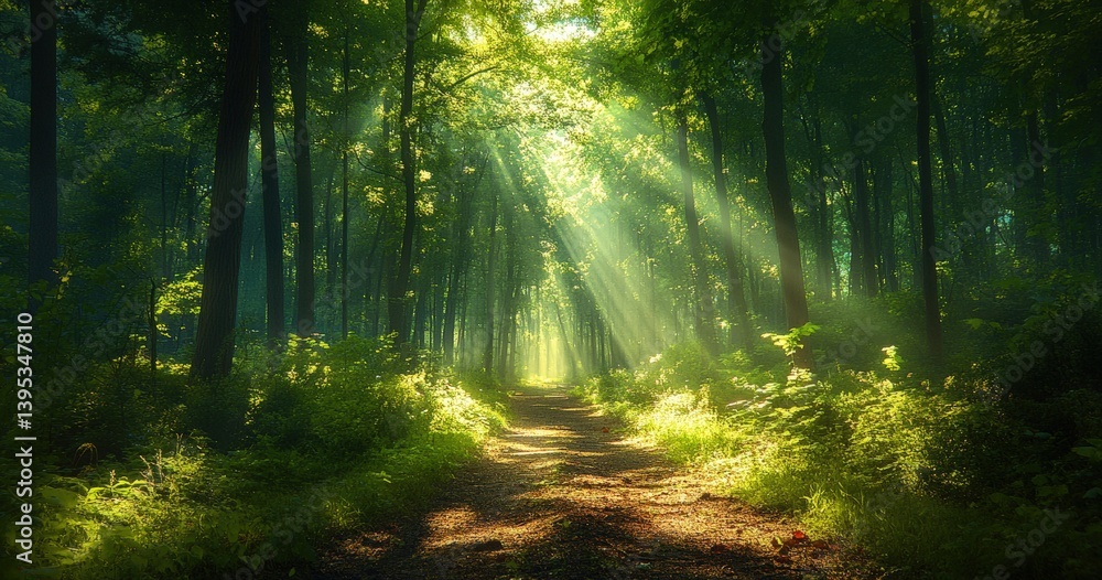 Obraz premium Sunlight filtering through trees creates enchanting forest path