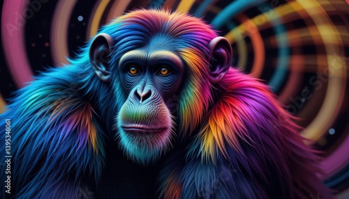 Wallpaper Mural  A chimpanzee illustration featuring rainbow colored fur and an optical illusion inspired background. Torontodigital.ca