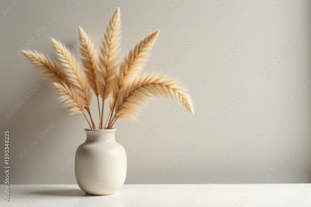 Naklejka premium A serene arrangement of pale, dried floral stems in a simple, round vase on a minimalist white surface against a muted background
