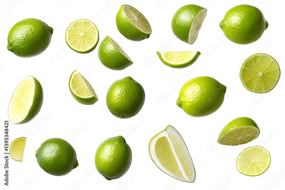 Collection of Fresh Green Limes, Whole and Sliced, Isolated on White Background Collection of Fresh Green Limes, Whole and Sliced, Isolated on White Background